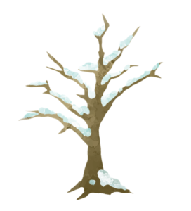 雪積もる枯れ木のイラスト（枯れ葉、落ち葉、木、冬景色、冬、葉、枝、落葉、葉っぱ、ふゆ、ウィンター、おちば、は、フユ、枯木、枯れ木、枯れる、はっぱ、風景、枯葉）