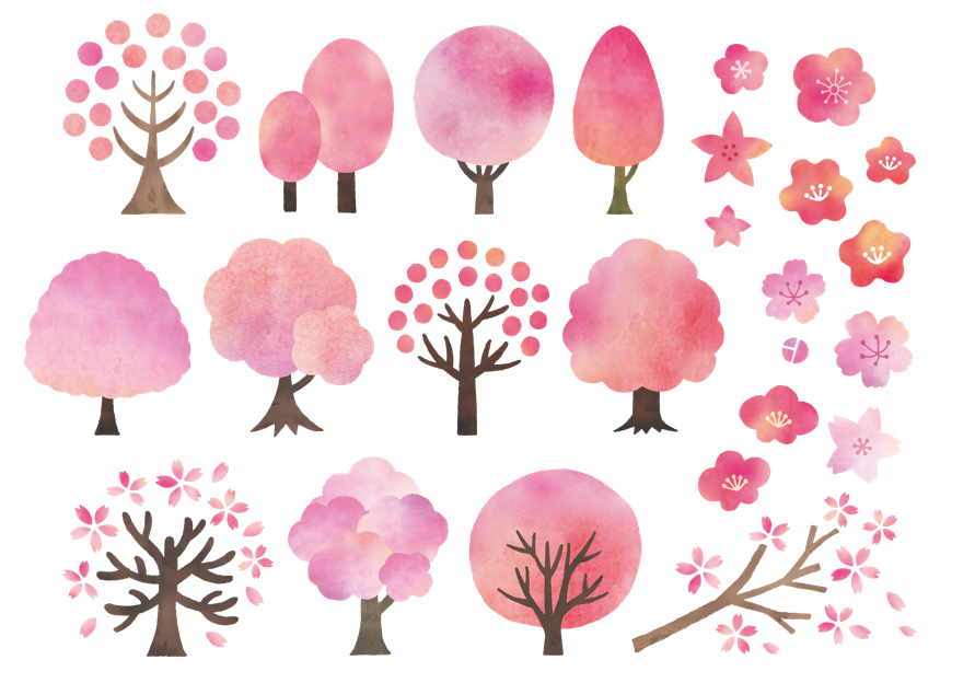 桃や桜の木の水彩セット（桜、木、花、水彩、春、梅、和風、花びら、水彩画、入園、桃、蕾）