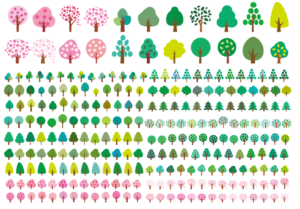 春初夏の樹木のイラストセット（シンプル、植物、素材、桜、春、新緑、緑、森、シルエット、かわいい、初夏、花、若葉）