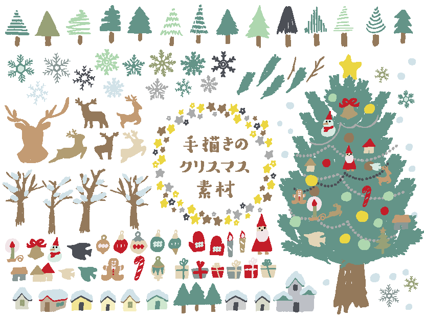 冬の森イラストセット（冬、森、手描き、雪、雪の結晶、雪だるま、白樺、冬眠、くま、ふくろう、パステルカラー、山、雪山、ロッジ、看板、切り株、木、葉、植物、ガーランド、星、月、鳥、雲）