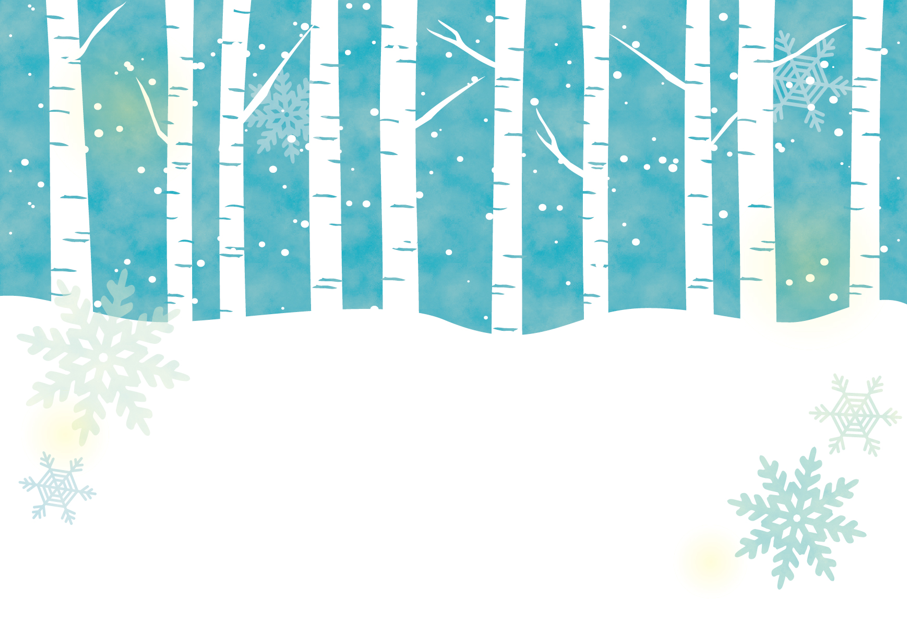雪と白樺の森のカード（雪、冬、カード、フレーム、雪山、冬山、白樺、木、森、林、植物、パステルカラー、水彩風、北欧）