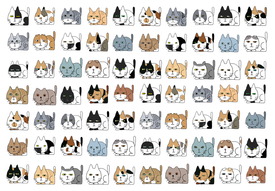 シュールな猫のイラスト素材（猫、ネコ、キャット、ぶち、キジ猫、ペルシャ、三毛猫、アメショ、アメリカンショートヘア、茶トラ、スコティッシュフォールド、手書き、フリーハンド、ほのぼの、かわいい）