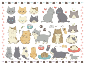 猫セット（猫、にゃんこ、動物、ねこ、ネコ、かわいい、ペット、ねずみ、ハムスター、猫じゃらし、足跡、肉球、魚、王冠、笑顔、猫の手、ハート、お昼寝、座る、立つ、横向き、三毛猫、トラ猫、黒猫、ハチワレ猫、ハチワレ、灰色猫、茶トラ、灰トラ、白猫、長毛猫、長毛）