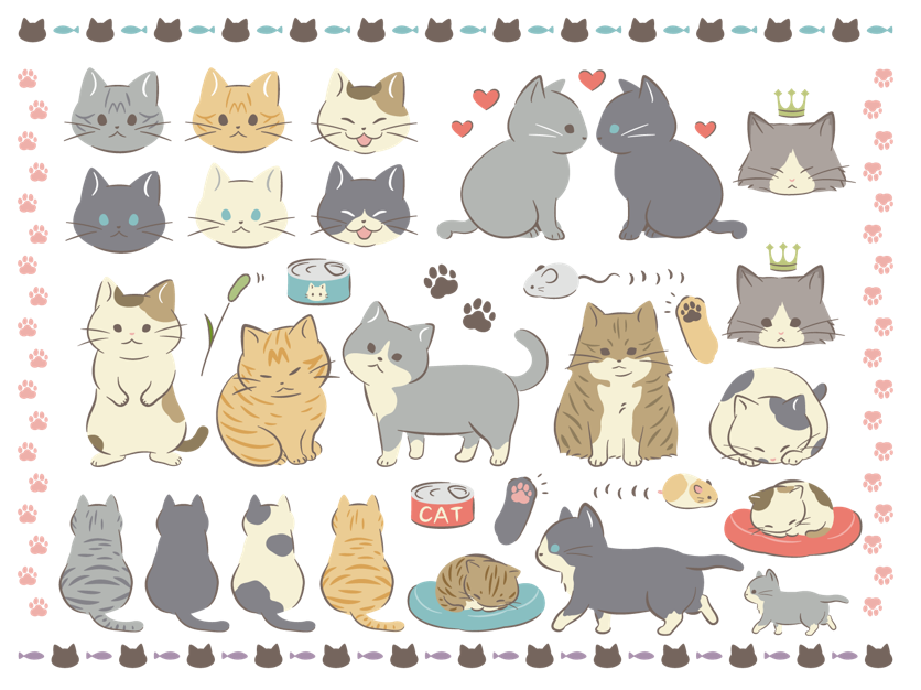 猫セット（猫、にゃんこ、動物、ねこ、ネコ、かわいい、ペット、ねずみ、ハムスター、猫じゃらし、足跡、肉球、魚、王冠、笑顔、猫の手、ハート、お昼寝、座る、立つ、横向き、三毛猫、トラ猫、黒猫、ハチワレ猫、ハチワレ、灰色猫、茶トラ、灰トラ、白猫、長毛猫、長毛）