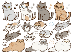 手描き猫セット２（猫、三毛猫、黒猫、茶トラ猫、トラ猫、長毛猫、バンザイ、ダッシュ、マーク、シンプル、ワンポイント、手描き、お座り、動物、ペット、生き物、かわいい）