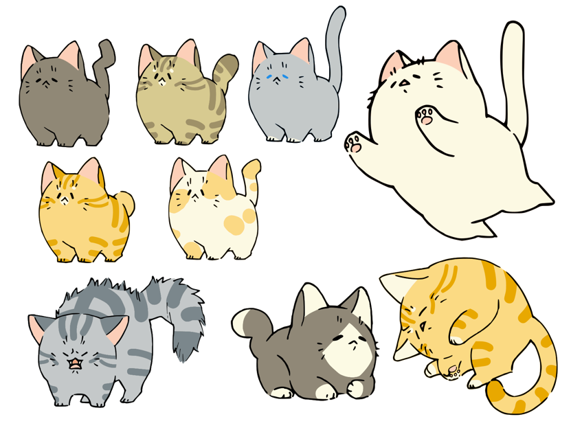 ゆるいねこのセット（猫、ネコ、ペット、白猫、黒猫、茶トラ、アメリカンショートヘアー、ぶち猫、肉球、ジャンプ、丸まる、寝る、ゆるい、威嚇、ジャパニーズボブテイル、かぎしっぽ）