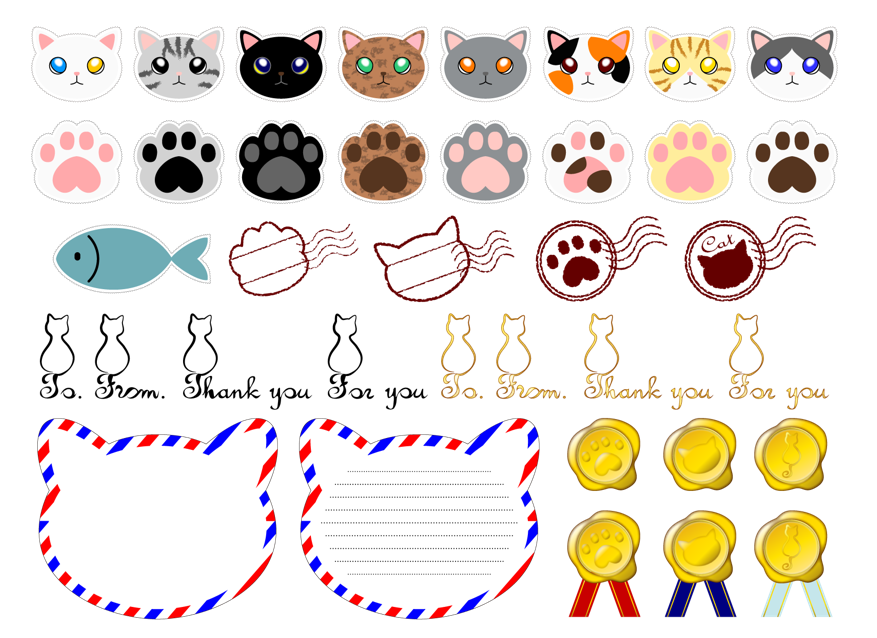 ねこまるけスタンプセット（猫、ねこ、ネコ、肉球、足跡、猫の手、白猫、黒猫、三毛猫、ミケ、ぶち猫、ハチワレ猫、グレー、灰猫、サバトラ、キジトラ、茶トラ、アメショー、アメリカンショートヘア、サビ猫、サビ、オッドアイ、切手、消印、スタンプ、はんこ、エアメール、シーリングワックス、ハート）