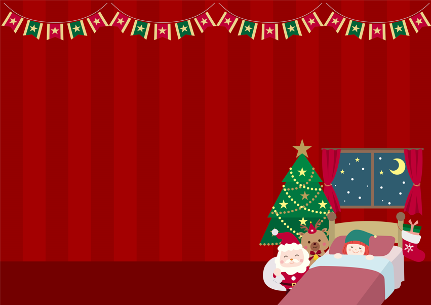 クリスマス眠る少女とサンタ（クリスマス、クリスマスイブ、サンタクロース、トナカイ、聖夜、女の子、ベッド、眠る、クリスマスツリー、プレゼント、窓、夜、ソックス、星、月、カーテン、子供、かわいい、オーナメント、飾り、フラッグ、ガーランド）