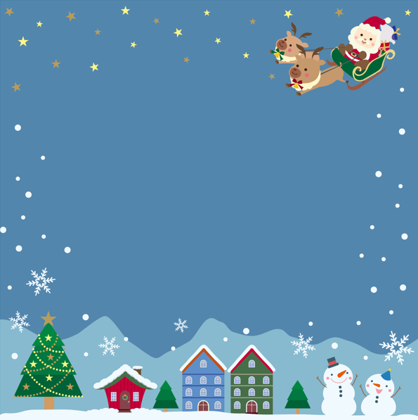 クリスマス明るい夜の正方形フレーム（クリスマス、クリスマスイブ、そり、サンタクロース、雪だるま、スノーマン、木、トナカイ、聖夜、クリスマスツリー、プレゼント、夜、星、山小屋、家、山、雪山、雪、かわいい）