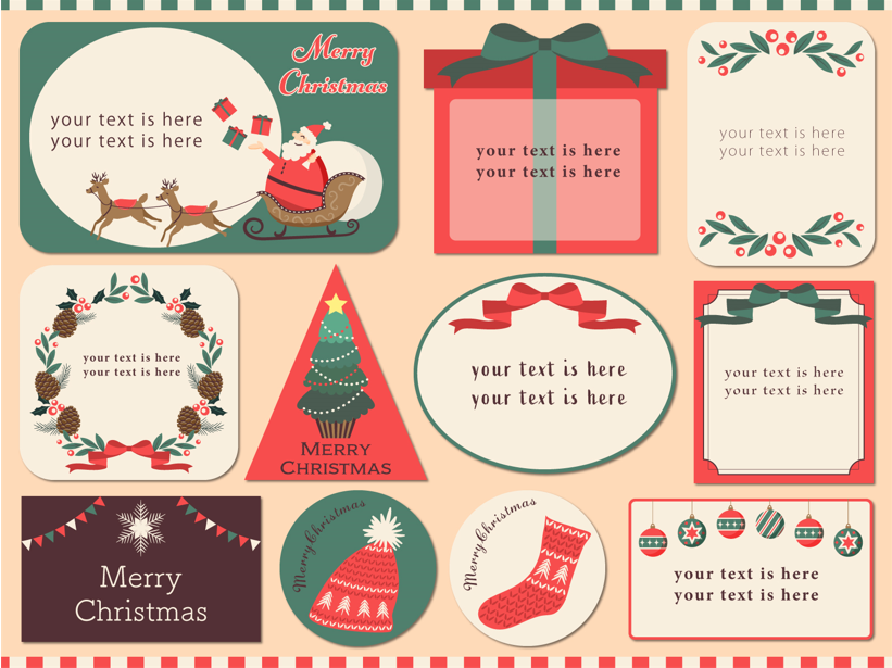 クリスマスカード（クリスマス、サンタクロース、トナカイ、そり、クリスマスツリー、リース、もみの木、雪だるま、ニット帽、リボン、結晶、雪、オーナメント、プレゼント、靴下、ひいらぎ、かわいい、おしゃれ）