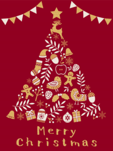 キラキラ可愛いクリスマスツリーの背景素材（クリスマス、クリスマスツリー、ツリー、サンタ、サンタクロース、トナカイ、クッキー、ジンジャーブレッドマン、ジンジャークッキー、靴下、帽子、ベル、プレゼント、モミの木、ヒイラギ、星、雪、雪の結晶、結晶、松ぼっくり、葉、オーナメント、どんぐり、鳥、木の実、木、ガーランド、飾り、アイコン、イラスト、素材、かわいい、おしゃれ、北欧、ノルディック、冬、金、ゴールド、キラキラ）