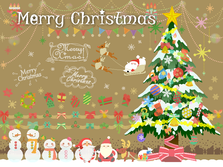 クリスマス素材（クリスマス、星、りぼん、プレゼント、ベル、家、きらきら、ポストカード、ひいらぎ、雪、雪景色、きらめき、そり、サンタクロース、クリスマスリース、リース、くつした、鈴、雪だるま、ろうそく、オーナメント、結晶、雪の結晶、ポインセチア、手描き）