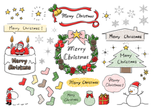 クリスマス線画セット（鉛筆描き、人物、手描き、かわいい、吹き出し、クリスマスリース、クリスマスケーキ、ケーキ、靴下、サンタ、サンタクロース、プレゼント、雪だるま、雪の結晶、星、もみの木、ベル、リボン）