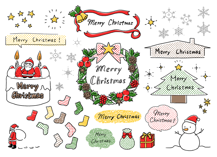 クリスマス線画セット（鉛筆描き、人物、手描き、かわいい、吹き出し、クリスマスリース、クリスマスケーキ、ケーキ、靴下、サンタ、サンタクロース、プレゼント、雪だるま、雪の結晶、星、もみの木、ベル、リボン）