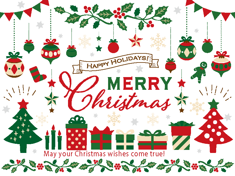 クリスマスイメージセット（クリスマス、サンタクロース、柊、ツリー、プレゼント、オーナメント、ろうそく、星、雪、雪の結晶、ジンジャークッキー、靴下、旗、シンプル、おしゃれ、きれい、ポップ）