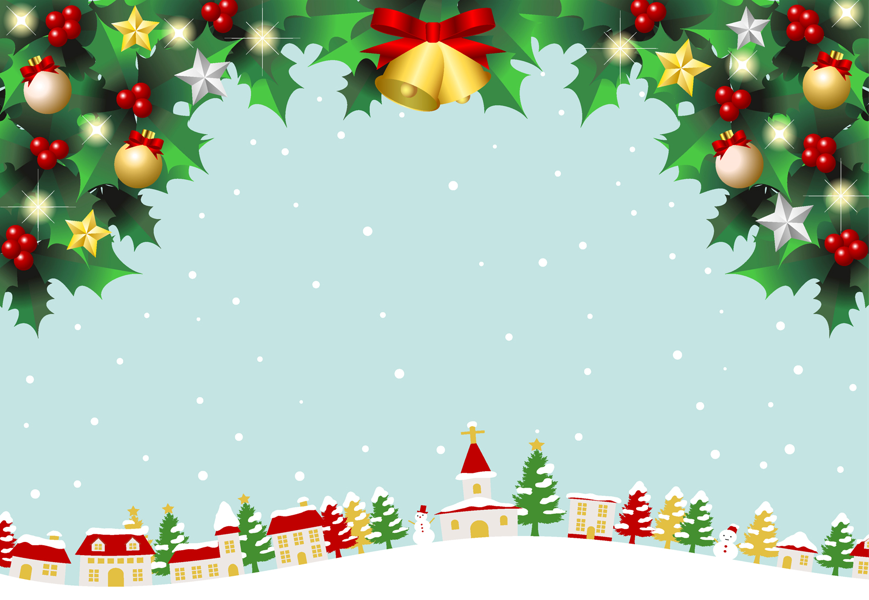 クリスマスな雪の街並み青背景（クリスマス、家、街並み、雪、星、枠、冬、キラキラ、木、おしゃれ、かわいい、シンプル、リボン、ひいらぎ、柊、教会、クリスマスツリー、雪だるま、オーナメント、玉、鐘、ベル、聖夜、雪景色）