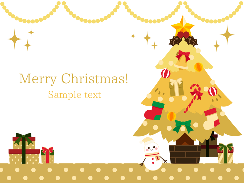クリスマス・ポストカード（クリスマス、ツリー、クリスマスツリー、雪だるま、プレゼント、メッセージカード、グリーティングカード、キラキラ、ゴールド、背景、フレーム）