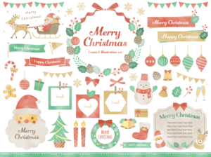 【水彩風】クリスマスフレームイラスト（クリスマス、水彩、サンタクロース、トナカイ、クリスマスツリー、リース、もみの木、クリスマスリース、雪だるま、リボン、キラキラ、結晶、雪、オーナメント、星、プレゼント、ろうそく、靴下、ひいらぎ、ジンジャーマン、スノーマン、長靴、ベル、ステッキ、キャンドル）