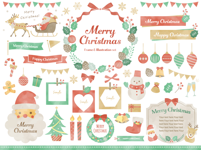 【水彩風】クリスマスフレームイラスト（クリスマス、水彩、サンタクロース、トナカイ、クリスマスツリー、リース、もみの木、クリスマスリース、雪だるま、リボン、キラキラ、結晶、雪、オーナメント、星、プレゼント、ろうそく、靴下、ひいらぎ、ジンジャーマン、スノーマン、長靴、ベル、ステッキ、キャンドル）