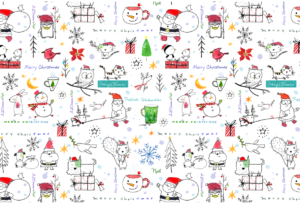 クリスマスのテキスタイル（クリスマス、ゆき、植物、動物、サンタクロース、包装紙、雪だるま、トナカイ、クリスマスツリー、鹿、家、手描き、可愛い、楽しい、熊、松の木、ペンギン、山々、水彩）