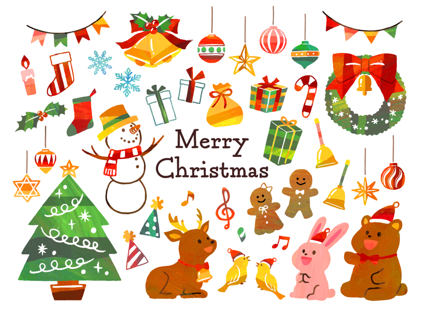 水彩風クリスマスセット（ツリー、リース、トナカイ、ベル、プレゼント、柊木、もみの木、オーナメント、鈴、クマ、ウサギ、鳥、靴下、星、ハンドベル、リボン、ガーランド、かわいい、おしゃれ、キャンドル、ジンジャーブレッド、クッキー、シュガーケーン）