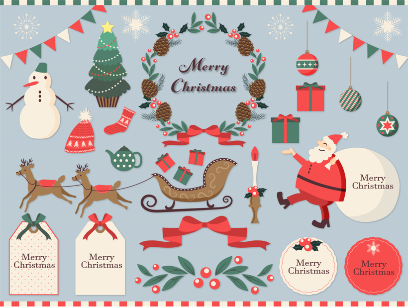 クリスマスアイテム（サンタクロース、トナカイ、そり、クリスマスツリー、リース、もみの木、雪だるま、ニット帽、リボン、結晶、雪、オーナメント、飾り、星、プレゼント、ろうそく、靴下、ひいらぎ、スノーマン、ガーランド、キャンドル）
