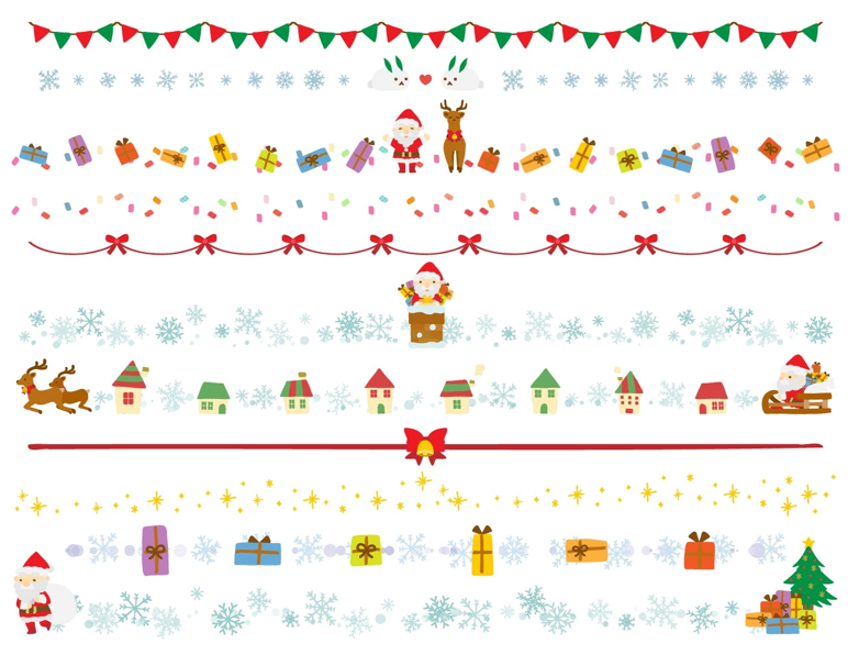 クリスマスのかわいい手描きのラインセット（クリスマス、手描き、サンタクロース、トナカイ、ソリ、街並み、クリスマスツリー、ほのぼの、プレゼント、雪の結晶、オシャレ、かわいい、リボン、紙吹雪、煙突、雪、キラキラ、光、ハート、雪うさぎ、鈴、木、町、家、ほんわか）