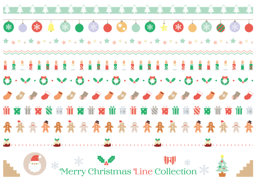 クリスマスのライン素材セット（クリスマス、もみの木、オーナメント、星、結晶、ろうそく、キャンドル、クリスマスリース、リース、ひいらぎ、靴下、プレゼント、ジンジャーマン、プディング、サンタクロース、サンタ、カラフル、ポップ）