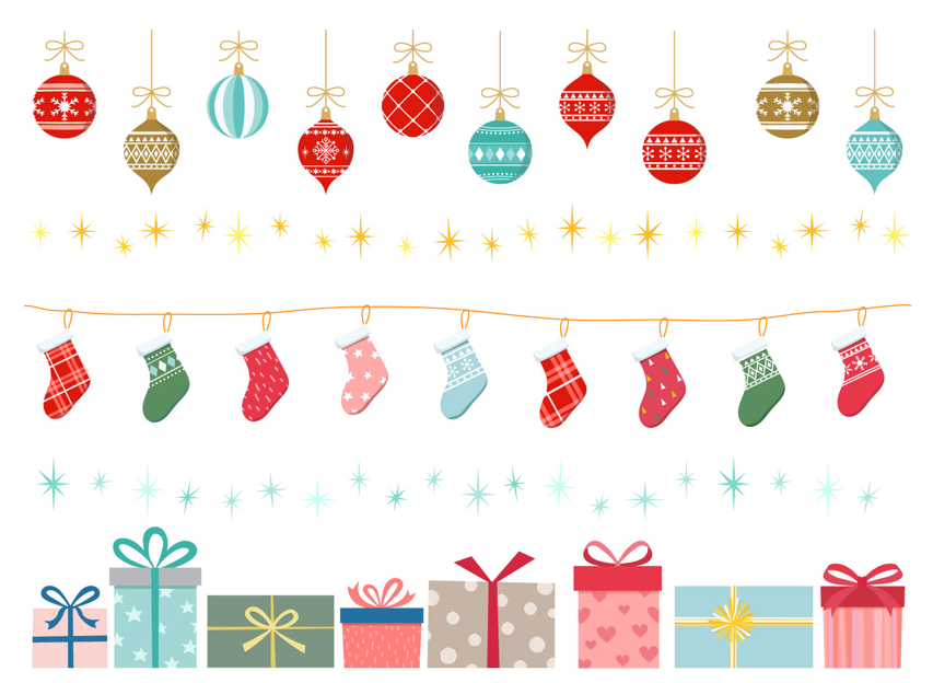 クリスマスのライン、飾り罫セット（クリスマス、手描き、オーナメント、プレゼントボックス、リボン、キラキラ、飾り、星、靴下、クリスマスカード、かわいい、おしゃれ、プレゼント、シンプル）