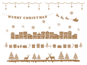 クリスマス　ラインセット（クリスマス、フレーム、ライン、飾り枠、シンプル、1色、シルエット、街並み、トナカイ、ソリ、ツリー、プレゼント、雪、セット、ゴールド、星、ギフト、12月、冬、クリスマスカード、家、お菓子、キラキラ）
