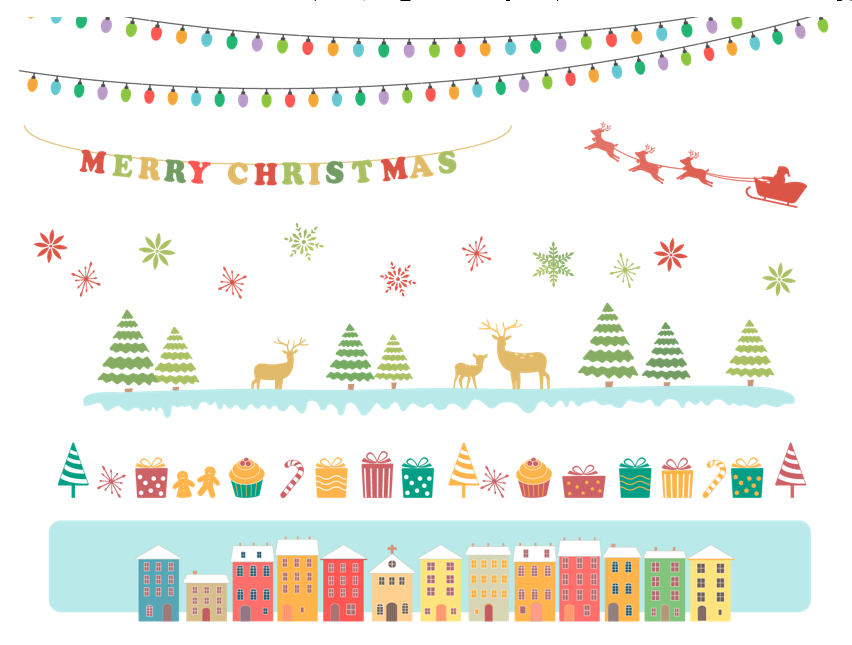 おしゃれなクリスマスラインセット（クリスマス、電球、街並み、ツリー、メリークリスマス、プレゼント、かわいい、手描き、トナカイ、おしゃれ、飾り枠、サンタクロース、キラキラ、家）