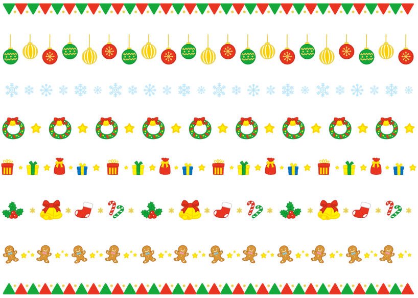 クリスマスのライン飾り罫セット（飾り罫、ライン、クリスマス、オーナメント、靴下、ブーツ、クッキー、ジンジャークッキー、結晶、雪、ひいらぎ、柊、手描き、かわいい、リース、プレゼント、ステッキ、リボン、キラキラ、星、ベル）
