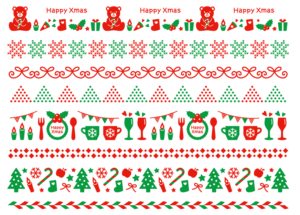 クリスマスの飾り＆ノルディックライン（クリスマスツリー、キラキラ、ステッキ、ノルディック、リボン、シルエット、オーナメント、パターン、結晶、シンプル、星、かわいい、北欧、りんご、くま、ガーランド、ファンシー、手描き、テディベア、キャンドル、ワイン）