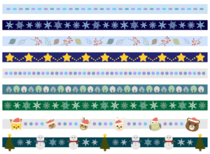 冬の罫線セット（冬、雪、クリスマス、木、雪だるま、クリスマスツリー、動物、サンタ帽、もみの木、星、雪の結晶、結晶、テープ、フレーム）