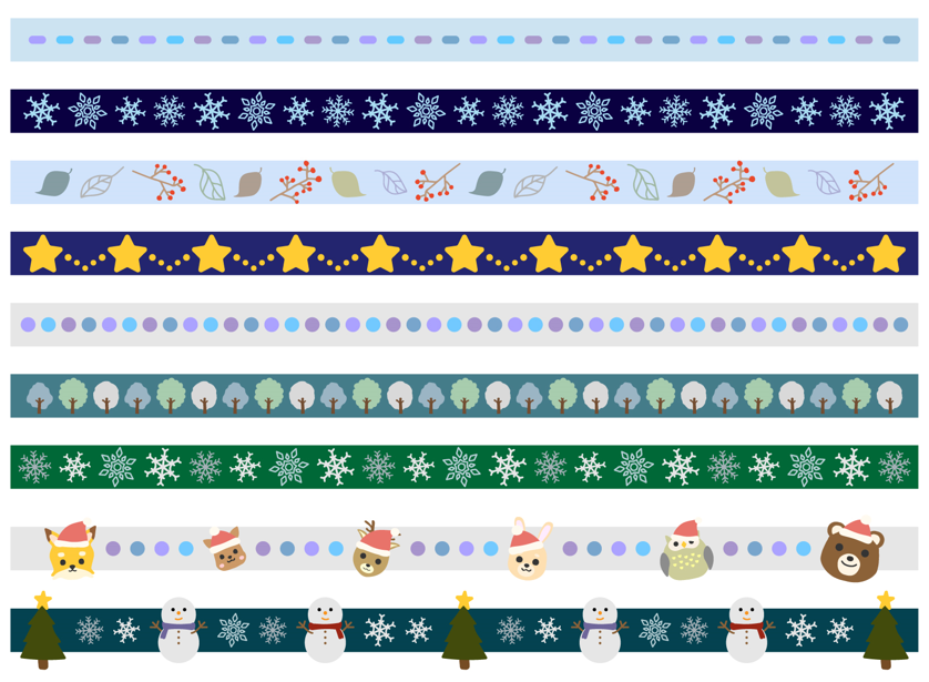 冬の罫線セット（冬、雪、クリスマス、木、雪だるま、クリスマスツリー、動物、サンタ帽、もみの木、星、雪の結晶、結晶、テープ、フレーム）