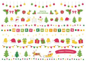 クリスマス飾り罫イラスト（クリスマス、飾り罫、手描き、サンタクロース、トナカイ、ガーランド、オーナメント、ポインセチア、ツリー、プレゼント、そり、帽子、ベル、手袋、雪だるま、ろうそく、マフラー、靴下、星、ひいらぎ、リボン、メリークリスマス、キラキラ）