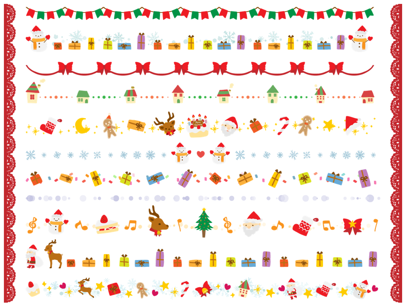 手描きのかわいいクリスマスのラインセット（手描き、サンタクロース、トナカイ、雪の結晶、プレゼント、カラフル、リボン、ほのぼの、ほんわか、ゆるい、雪だるま、旗、ケーキ、音符、靴下、クッキー、水玉模様、クリスマスツリー、家、ろうそく、鈴、レース）