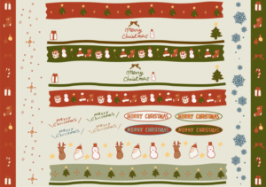 レトロポップな手描きクリスマスセット飾り（クリスマス、サンタ、キラキラ、プレゼント、可愛い、レトロ、ポップ、おしゃれ、手描き、リボン、オーナメント、ケーキ、靴下、スノーマン、キャンドル、クリスマスツリー、サンタクロース、トナカイ、雪の結晶）