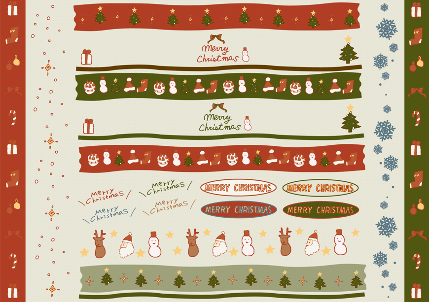 レトロポップな手描きクリスマスセット飾り（クリスマス、サンタ、キラキラ、プレゼント、可愛い、レトロ、ポップ、おしゃれ、手描き、リボン、オーナメント、ケーキ、靴下、スノーマン、キャンドル、クリスマスツリー、サンタクロース、トナカイ、雪の結晶）