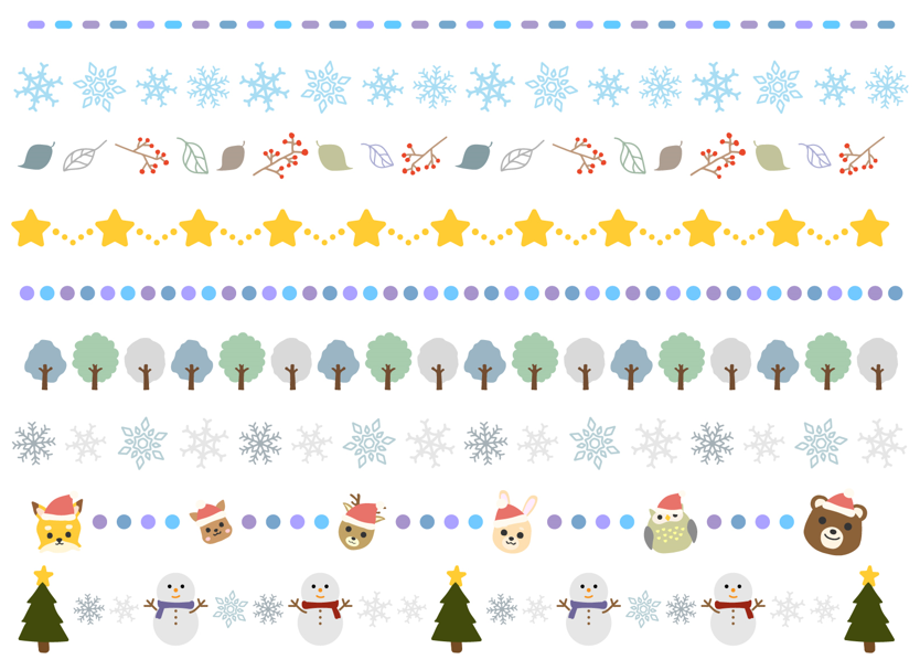 冬の罫線飾りセット（冬、ライン、雪、クリスマス、木、雪だるま、飾り、装飾、クリスマスツリー、動物、フレーム、サンタ帽、もみの木、星、雪の結晶、結晶、丸、点線、線）