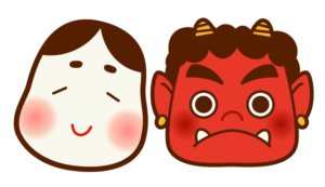 おたふくと鬼（節分、おたふく、鬼、赤鬼、おかめ、2月、福、鬼のお面、かわいい）