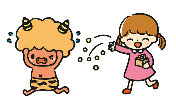 豆まき　逃げる赤鬼（赤鬼、節分、豆まき、女の子、人、鬼、イラスト、人物、子ども、枡、豆、大豆、魔除け、厄払い、行事、イベント、伝統、投げる、走る、デフォルメ、キャラクター、妖、妖怪、虎柄、キュート、挿絵、へそ、角、鬼ヶ島、桃太郎、ゆるい、手描き、かわいい）