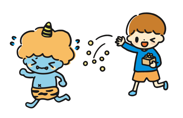 豆まき　逃げる青鬼（青鬼、節分、豆まき、男の子、人、人物、鬼、イラスト、子ども、枡、豆、大豆、魔除け、厄払い、行事、イベント、伝統、投げる、走る、デフォルメ、キャラクター、妖、妖怪、虎柄、キュート、挿絵、へそ、角、鬼ヶ島、桃太郎、ゆるい、手描き、かわいい）