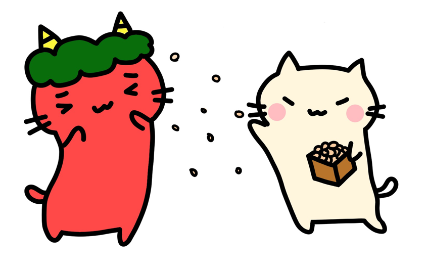 豆まきする猫（豆まき、猫、豆、節分、鬼、かわいい、シンプル、手書き、ほんわか）