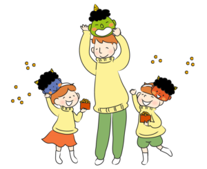 豆まき（節分、豆まき、鬼、お面、豆、2月、2月3日、子供、男の子、女の子、笑顔、嬉しい、楽しい、ほのぼの、挿絵、年中行事、親子、お父さん、大人、男性、イラスト）