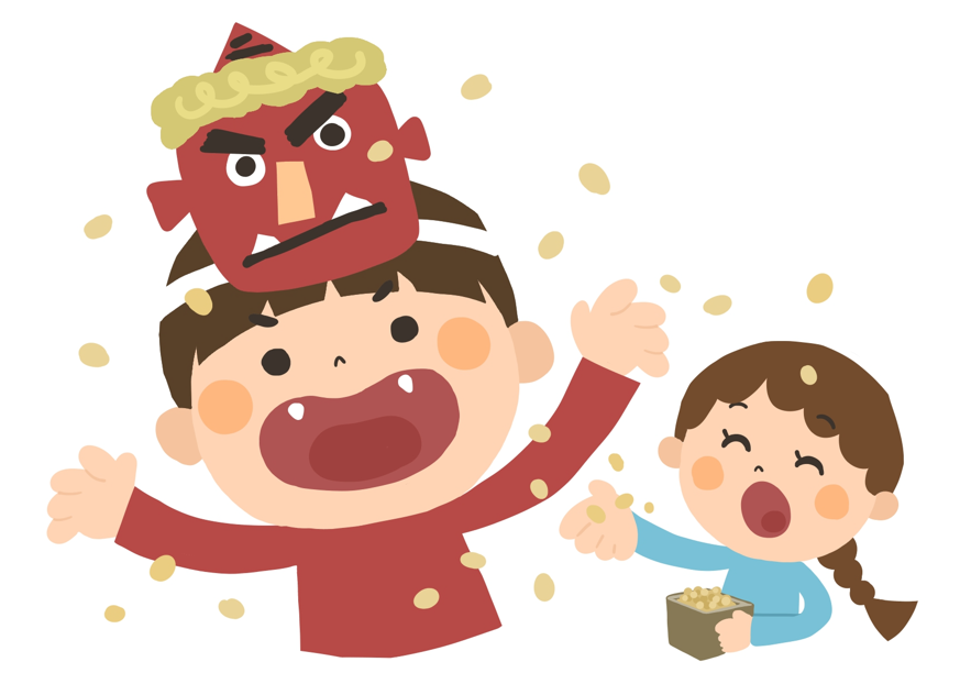 節分を楽しむ子どもたち（節分、豆まき、子ども、鬼、二月、イベント、豆、福豆、行事、こども、遊び、小学生、幼児、楽しい、鬼は外、福は内、男の子、女の子、かわいい、投げる、伝統、赤鬼、学校プリント、人物、風習）