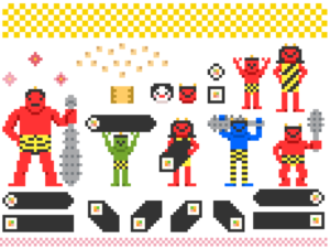 ドット絵　節分　鬼セット（節分、鬼、恵方巻、恵方、福、おたふく、おかめ、福豆、豆、豆まき、花、巻き寿司、太巻き、寿司、金棒、升、かわいい、ドット、ドット絵、ピクセル、ピクセルアート、2月、赤鬼、青鬼、行事、風習）