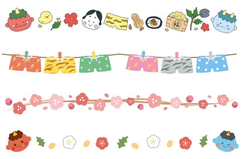 節分ライン素材（節分、鬼、手描き、ライン、恵方巻、素材集、セット、豆、和、梅の花、春、冬、イワシ、鬼のパンツ、おかめ、柊鰯、赤鬼、青鬼、2月、鬼は外福は内、梅、落花生、食べ物、ヒヨコ、文化、季節、キュート、かわいい、イベント）