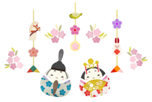 お雛様雛祭りつるし雛かわいいイラスト（お雛様、雛祭り、雛人形、つるし雛、桃の節句、節句、ひな祭り、ももの花、3月3日、おしゃれ、シンプル、かわいい、春）