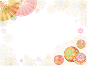 鞠と花の背景（和風、和、和素材、和柄、背景、バック、下地、鞠、毬、まり、球、玉、花、装飾、フレーム、枠、飾り枠、囲み枠、年賀状、結婚式、ひな祭り、雛祭り、伝統、伝統行事、歳時記）